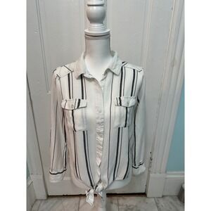 Cottagecore Thread & Supply  White Black Striped Tie Front Roll Tab Sleeve